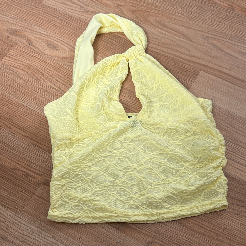 Shein Yellow Lace Halter Top Keyhole Cutout Ruched Crop‎ Tank Womens Size M